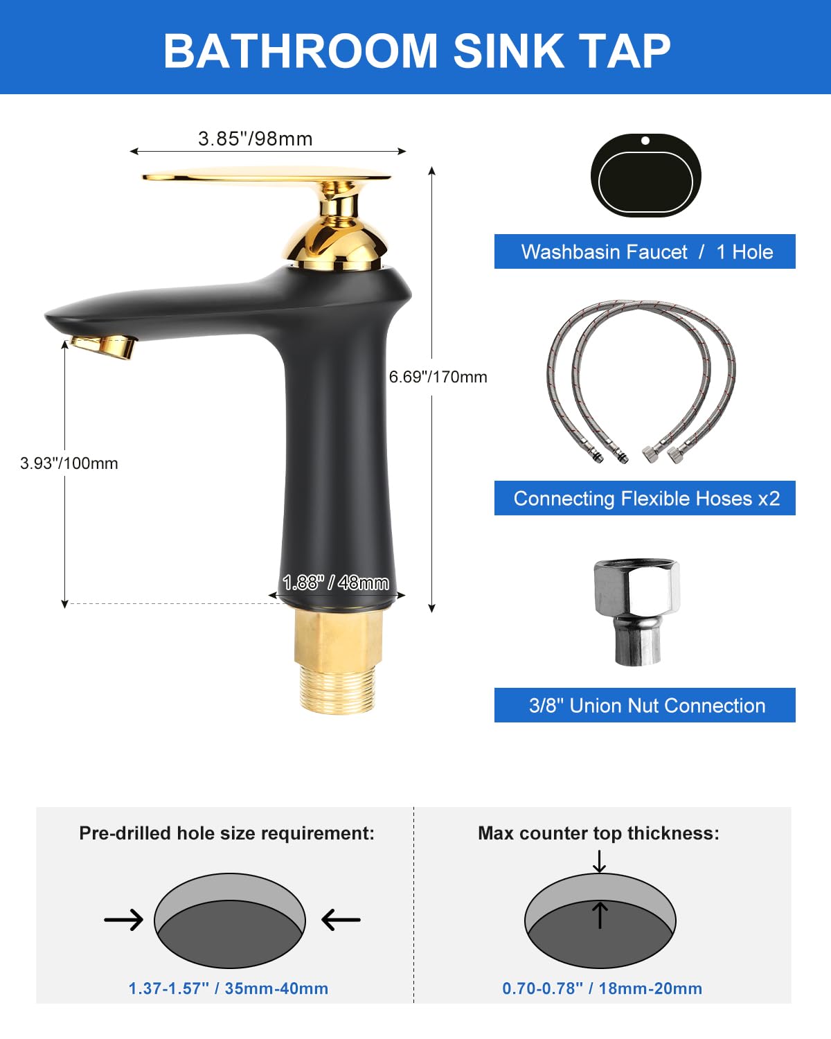 Robinet Salle de Bain Robinet Lavabo,Moderne Design Elégant Mitigeur Lavabo Noir en Laiton Eau Chaude et Froide Disponible