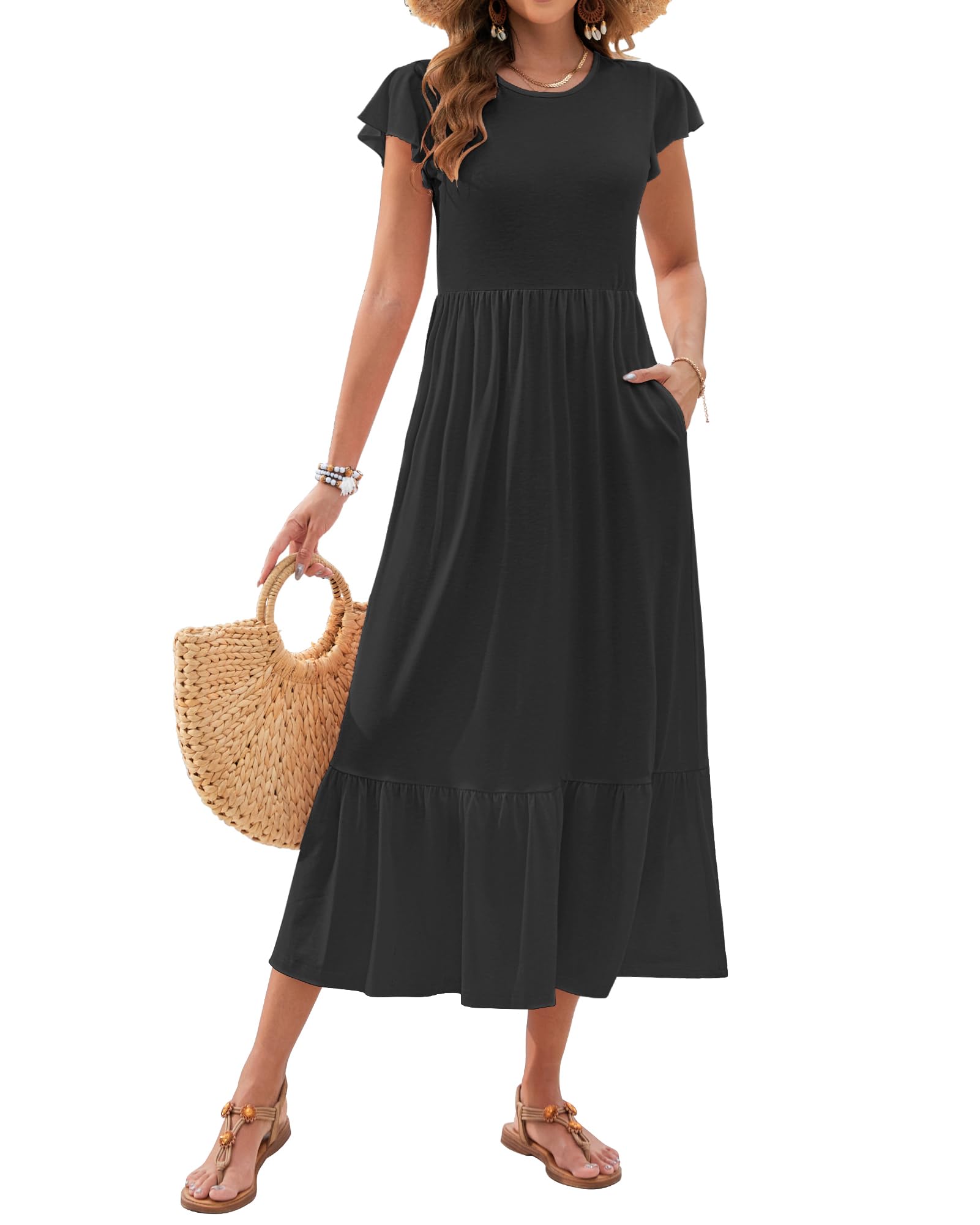 WNEEDU Women's Summer Casual Maxi Dresses 2025 Ruffle Sleeve Crewneck Loose Flowy Tiered Beach Dress with Pockets