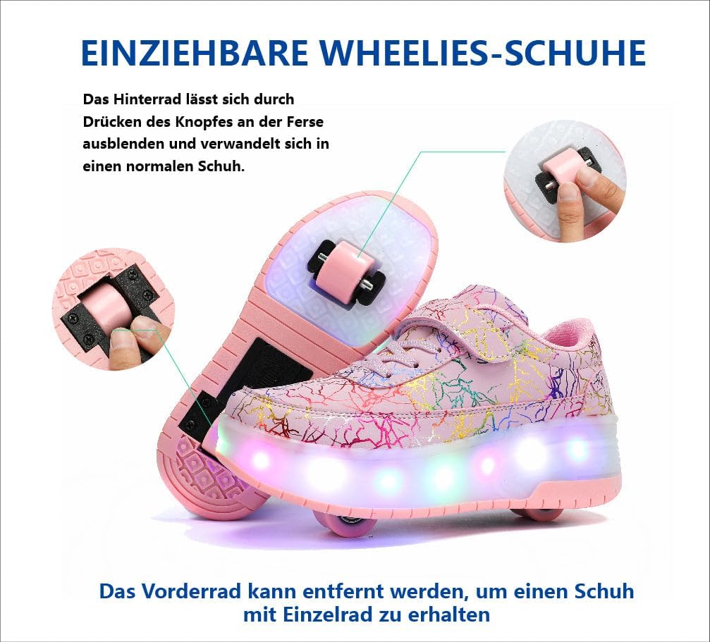 HUSKSWARE Rolschoenen, schoenen voor jongens en meisjes, met 4 wieltjes, skateboardschoenen, verstelbaar, jeugdschoenen met wieltjes, zwart, wit, 28 - 40 EU, 668 roze 4 wielen, 35 EU