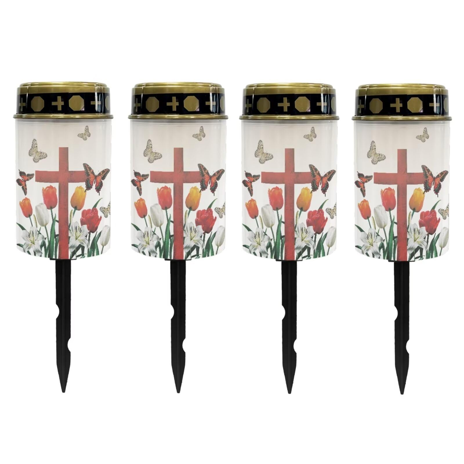 Poceacles Cross Solar Outdoor Lights Waterproof Cemetery Lights Solar Powered Grave Candle Lights Outdoor Waterproof Landscape Lights for Lawn Garden Yard, Butterfly Tulip Lily Red Cross, Pack of 4