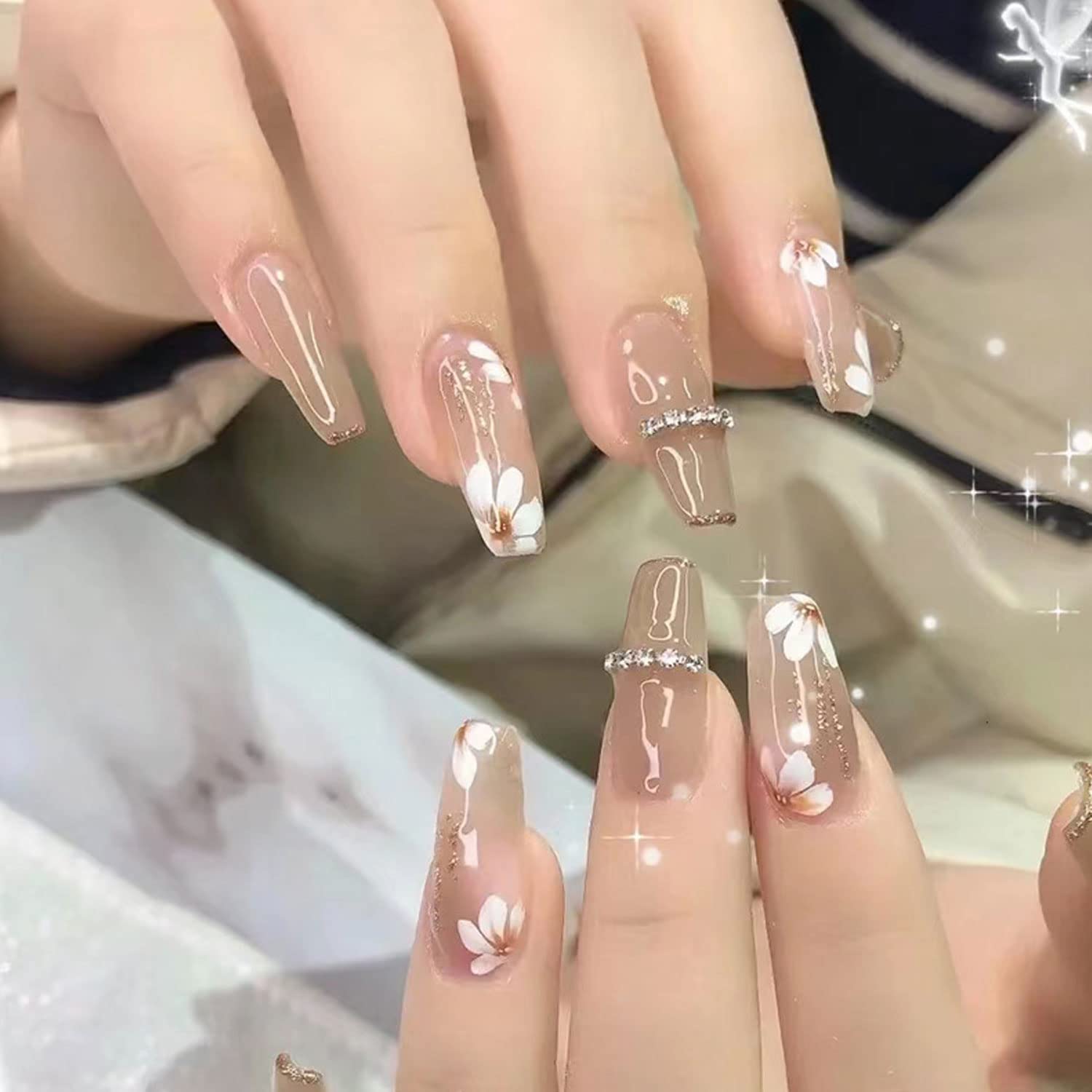 Photo 1 of 24 Pcs Press on Nail Flower Fake Nail Glossy French Tip Acrylic Ballet Nature Flower Exquisite Design with Nail Chains Artificial Nails for Women False Nails for DIY Nail Art Salon