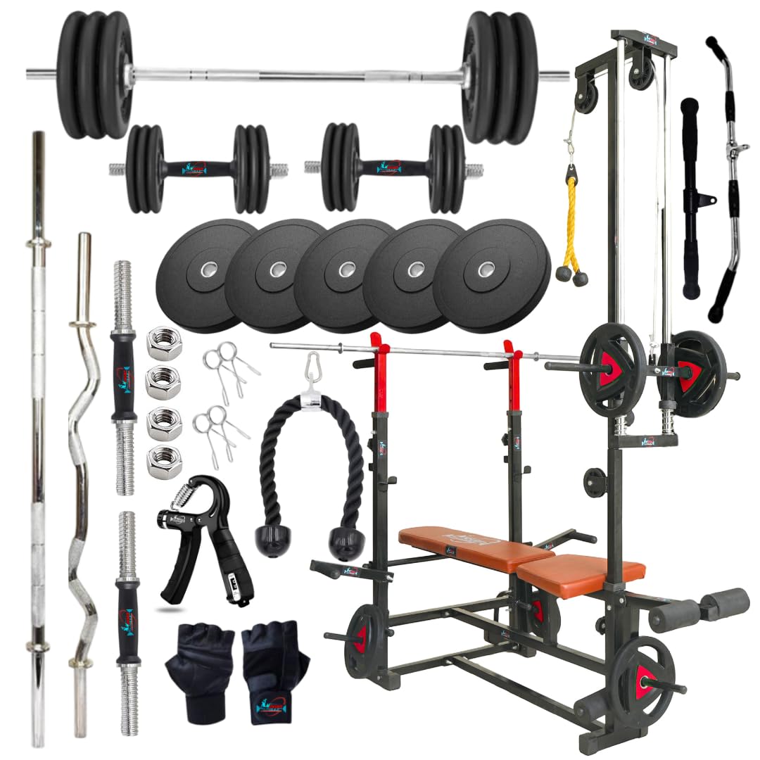 NOVIAN FITNESS: 20 in 1 Home Gym Bench Pro with 10KG Rubber Weight Plates Combo Kit, Curl Rod, Straight Bar, Dumbbells, Plates, Gripper & Gloves, Full Body Workout Set. (100, Kilograms)-image-14
