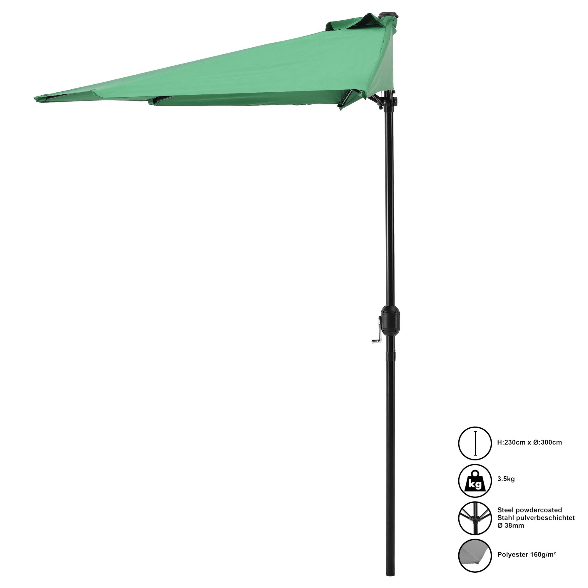 casa.pro Sombrilla de Media Pantalla Eger Sombrilla Terraza Exterior con Manivela Parasol Semicircular para Jardín Acero Tejido 100% Poliéster 160 g/m² 300 x 150 x 230 cm Verde