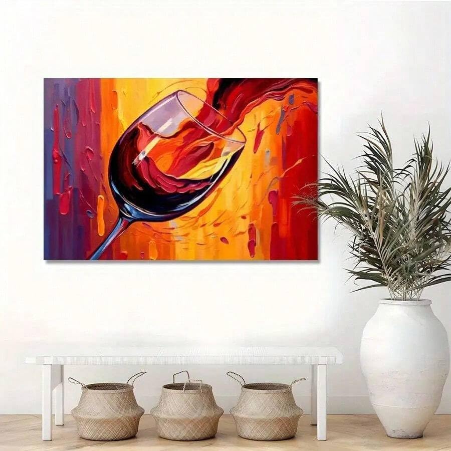 Toile impressionnisme abstrait verre à vin rouge orange 60x90