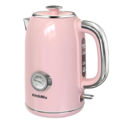 KitchMix Electric Kettle,1.7L Stainless Steel Tea Kettle with Thermometer,1500W Cordless Water Boiler with LED Indicator, Auto Shut-Off & Boil-Dry, Cool Touch Handle, BPA Free - Pink - Pink