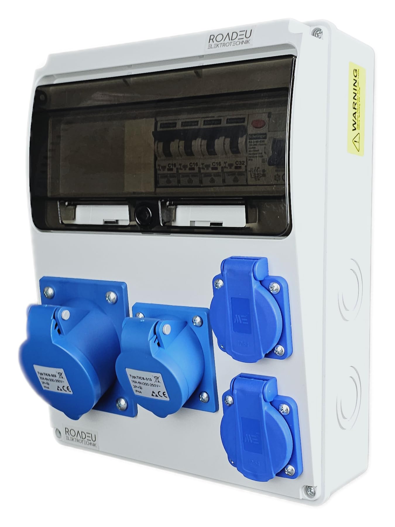 RoadEu | Cuadro Eléctrico Monofásico IP44 | Caja de Distribución Precableada con Interruptor Diferencial FI & Magnetotérmicos | 1x Toma CEE 32A, 1x CEE 16A & 2x Tomas 230V