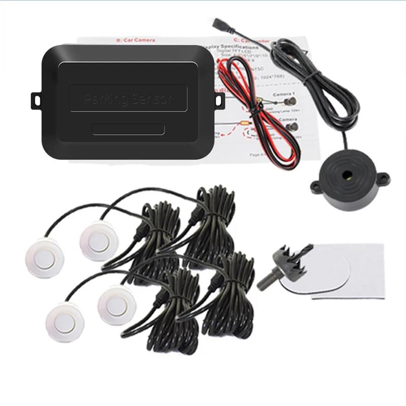 Sensores De Aparcamiento Kit Sensor Estacionamiento con 4 Sensores Zumbador 22 Mm Indicador Alerta Sonido Radar Marcha Atrás Sonda 12V Sensor De Estacionamiento(Blanco)