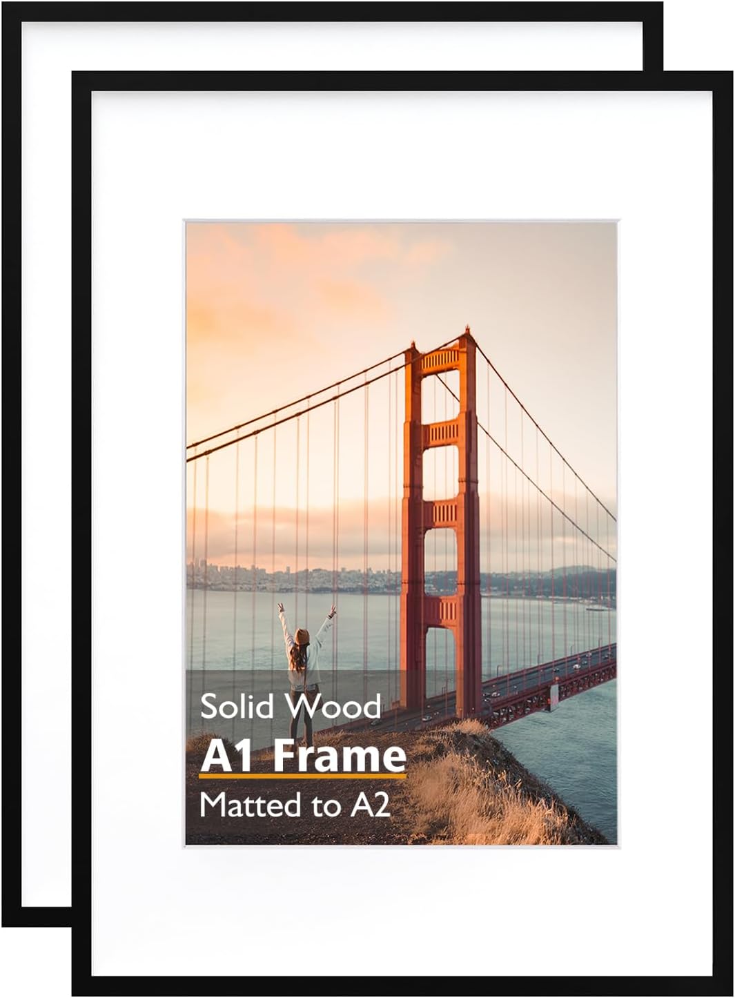 KINLINK A1 Picture frame Black, Solid Wood frame with Acrylic Plexiglass for Pictures A2 with Mat or A1 without Mat, Wall Display Poster Frame 2 Pack Black A1