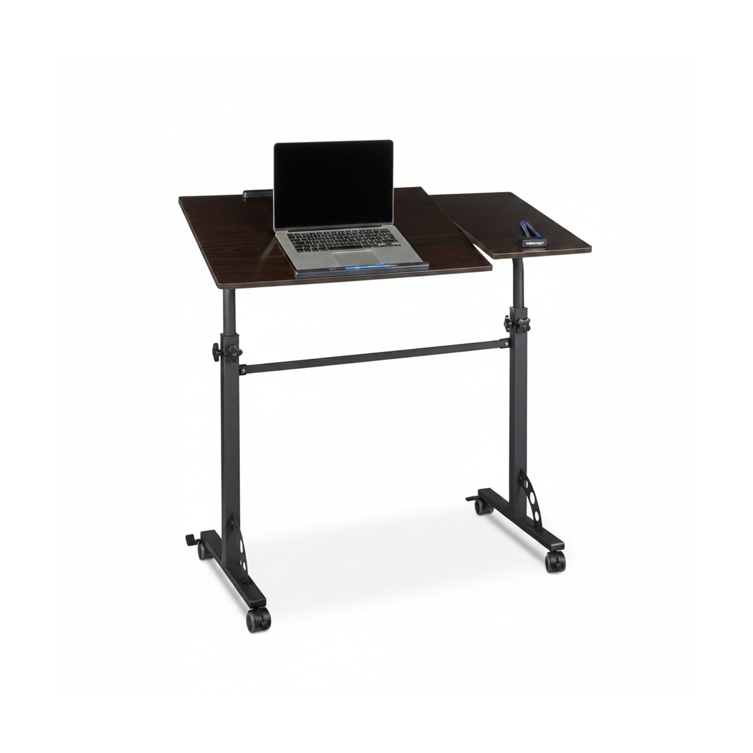 Relaxdays Laptoptisch groß XXL höhenverstellbar, HxBxT: 110 x 100 x 50 cm, Holz, Mobiles Rednerpult, Bremsbare Rollen, Notebook, Beamer, Laptops, 2 Ablagen, Ebenholz schwarz