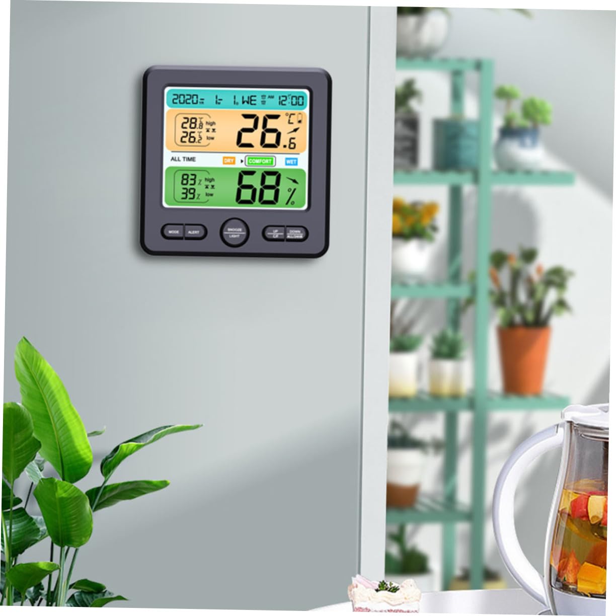 Artibetter Digitales Hygrometer mit Uhr, Großes Display, Kunststoff, Schwarz