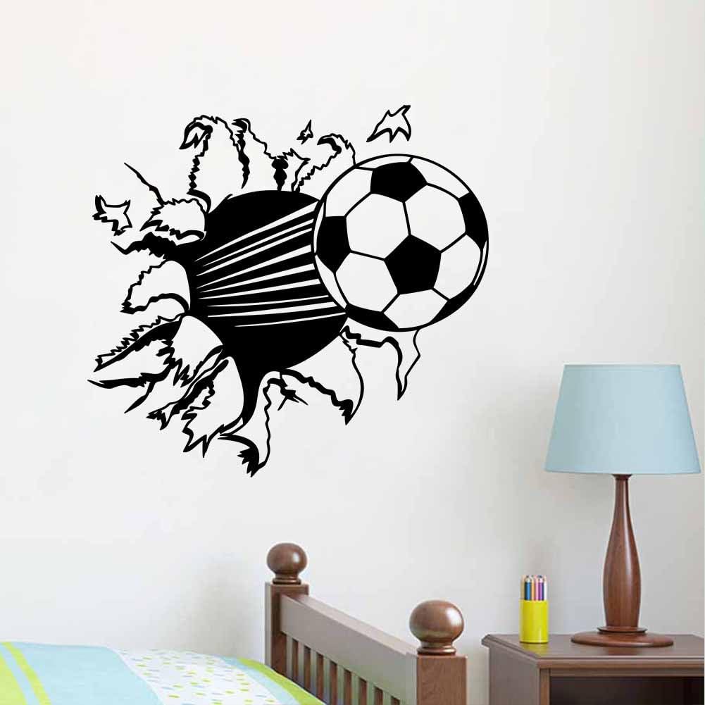 BIBITIME Soccer Ball Break Through The Wall Decals Football Vinyl Sticker for Boyfriend Bedroom Sport Enthusiast Fans Valentine's Day Gift Living Room PVC Decorations Art Murals