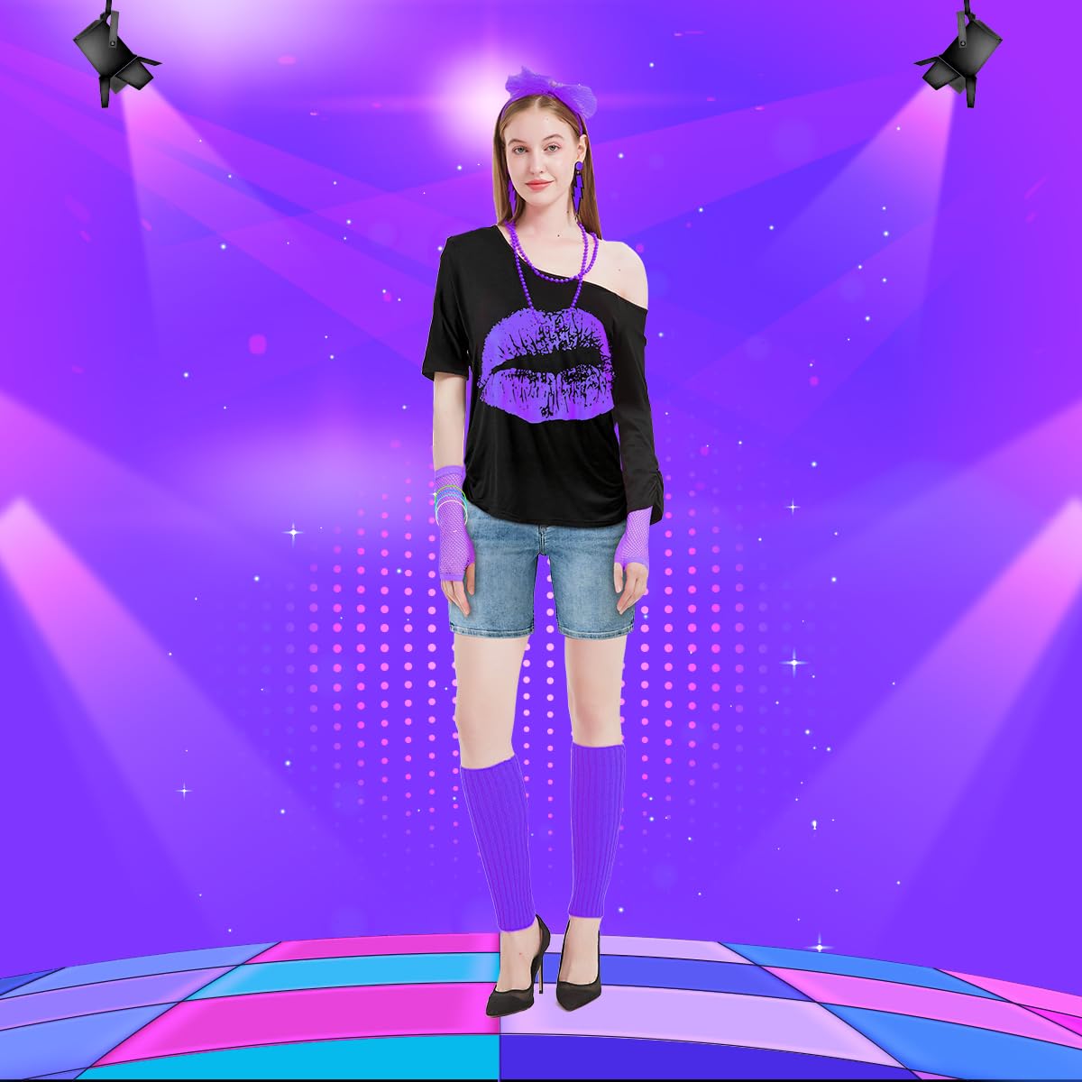WILDPARTY 80er 90er Jahre Outfit Damen, T-Shirt, Beinwärmer, Stirnband, Ohrring, Halskette, Netzhandschuhe, 80er 90er Jahre Kostüm Mottoparty Accessoires Kleidung Neon Party Karneval JD
