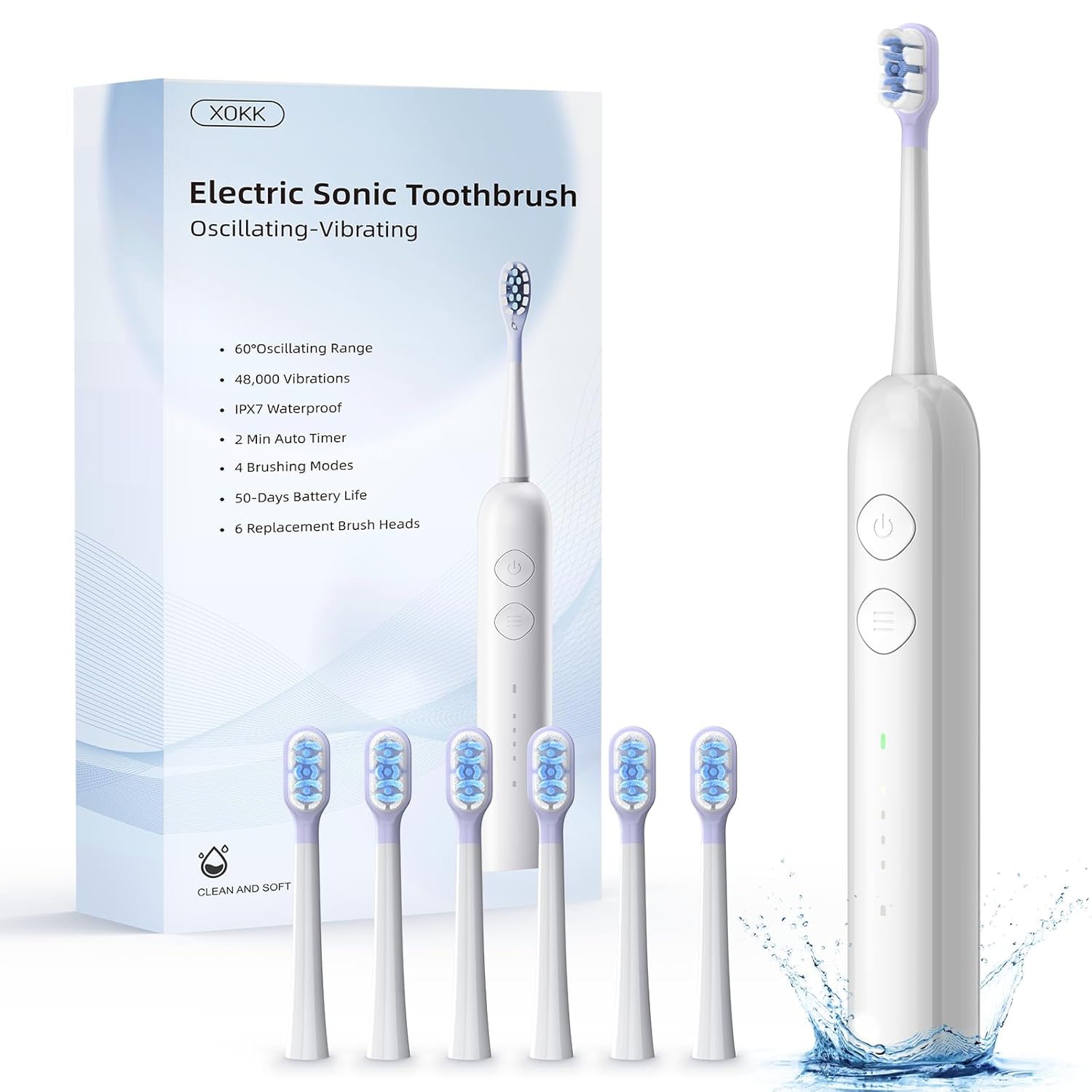 Electric Toothbrush-Oscillation Vibration Sonic Electric Toothbrush for Adults with 6 Brush Heads for Travel Teeth Care 48000VPM Motor