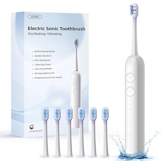 Electric Toothbrush-Oscillation Vibration Sonic Electric Toothbrush for Adults with 6 Brush Heads for Travel Teeth Care 48000VPM Motor