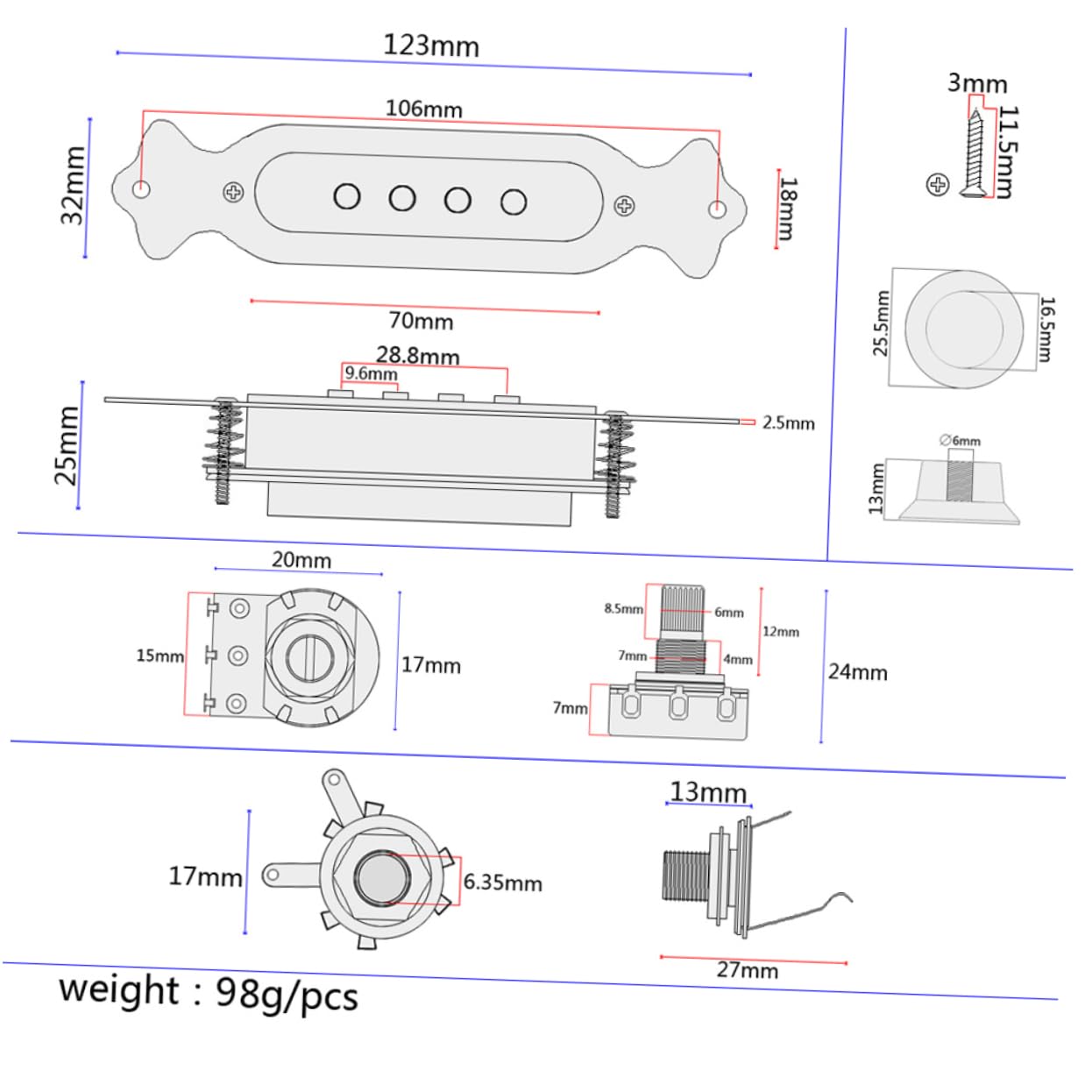 Supvox 3stücke String Soundhole Pickup Für Akustik Gitarre Magnetischer Tonabnehmer Mit Lautstärke Und Klangregelung Hochwertiges Material Inklusive Montagezubehör Weiß