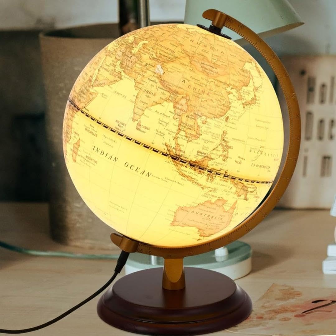 Sivro 地球儀 アンティーク調 英語版 USB 照明付き LED地球儀 ヴィンテージの装飾的なデスクトップの世界、自宅、オフィス 地球儀 led  スタンドライト インテリア アンティーク 英字表記 木製台座 おしゃれ オーナメント 卓上 間接照明