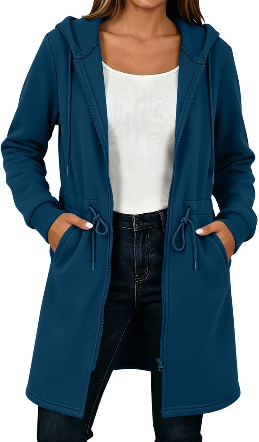 Women Long Zip Up Hoodie Jacket Casual Drawstring Coat with Pockets | Lightweight Long Cardigan with Pockets,Drawstring Hooded Jacket for Casual Wear,Versatile Spring Fall Outerwear