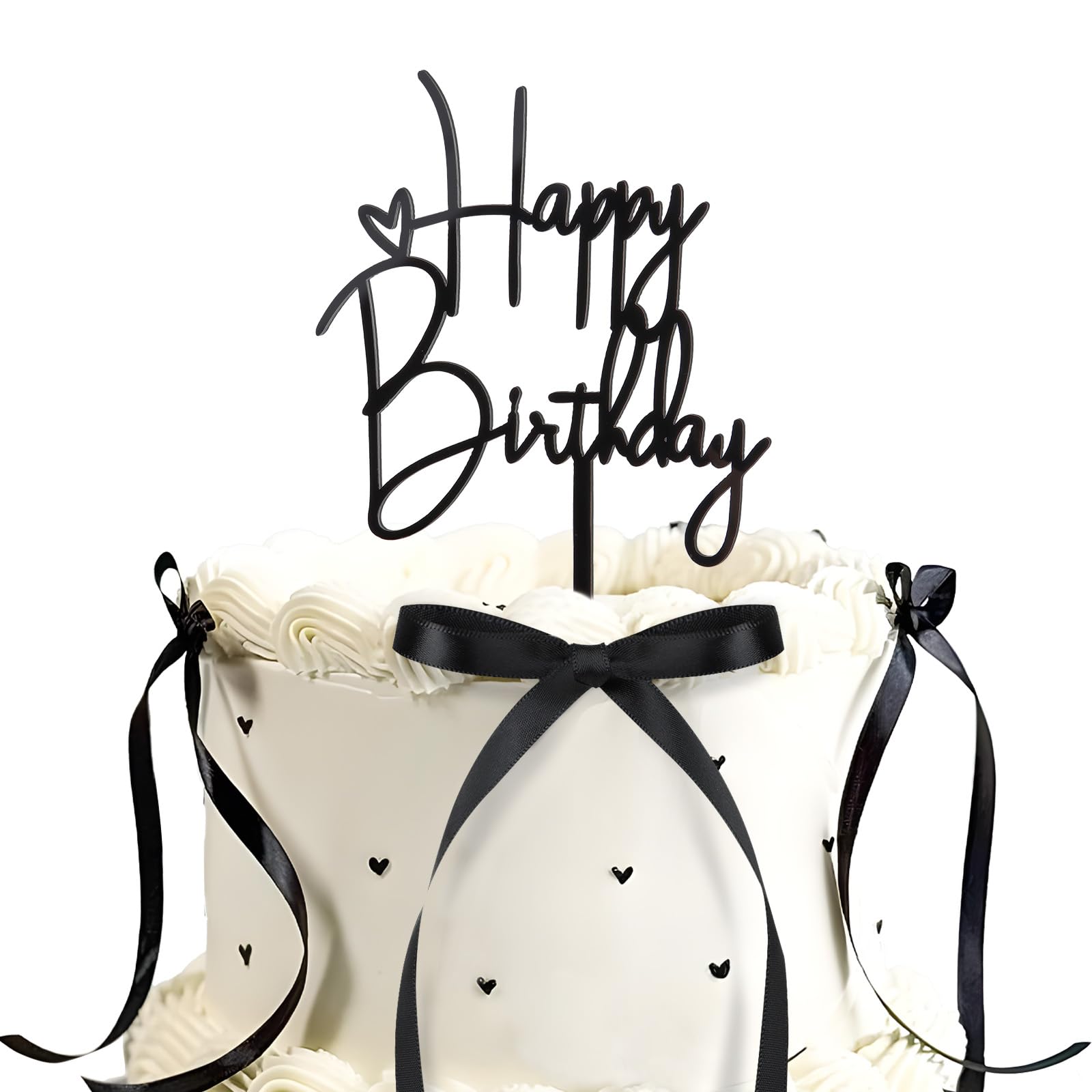 Happy Birthday Tortenaufsatz + 6 Schwarze Schleifen – Acryl & Polyester, Für Geburtstagskuchen, Schwarzes Deko-Set