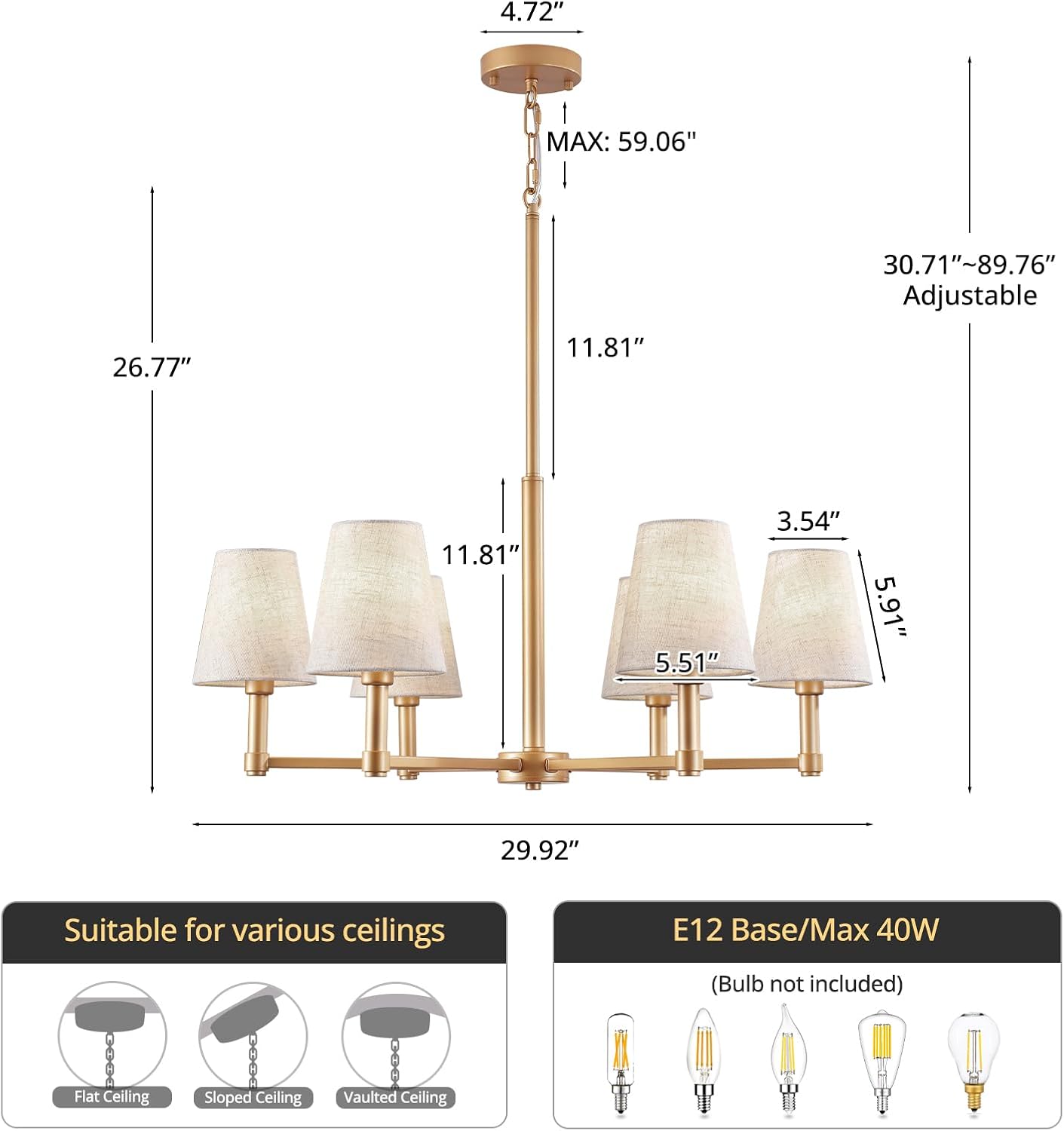 6-Light Gold Chandelier for Dining Room Light Fixture 29.9" Modern Farmhouse Chandeliers with Linen Shade Industrial Hanging Pendant Light for Kitchen Island Foyer Entryway Living Room Bedroom, E12