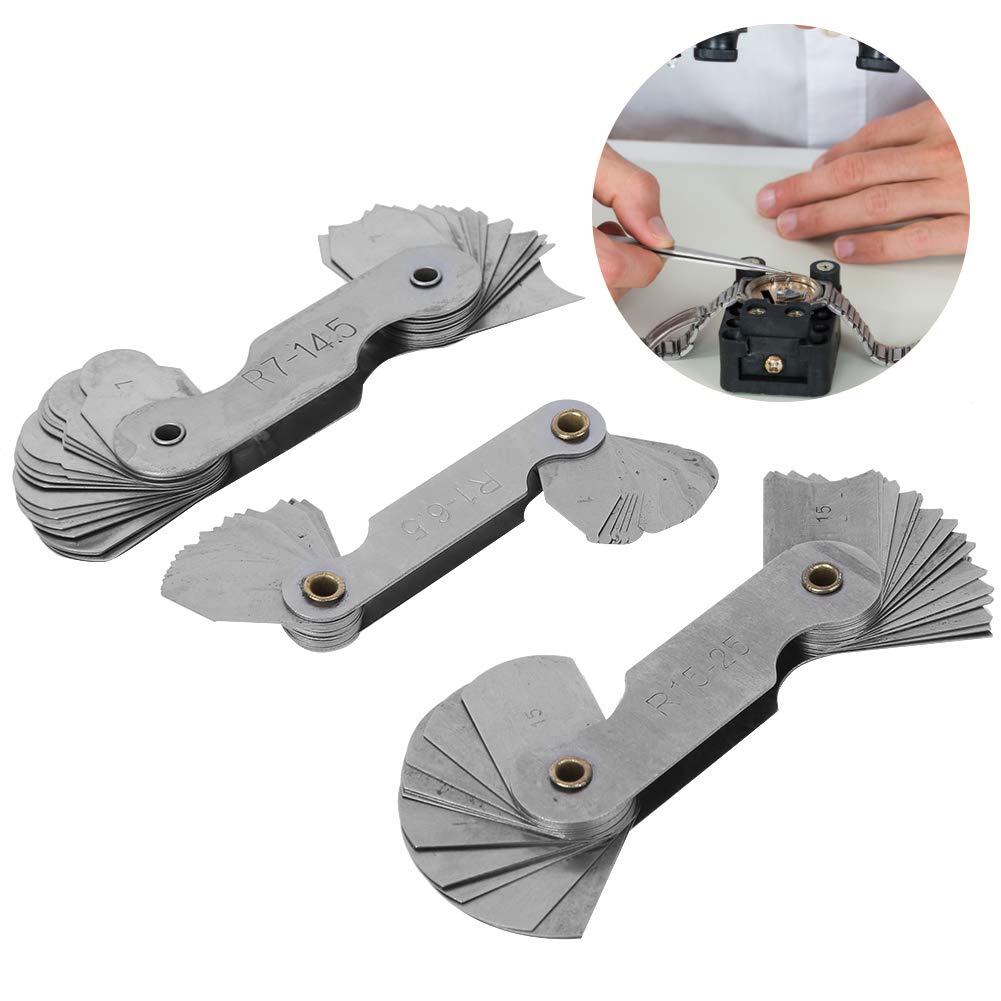 Jauge de rayon, jauge de rayon en acier inoxydable 3 pièces, outil de mesure d'arc interne convexe concave portable, outil de réparation de montre, dureté élevée, durable,