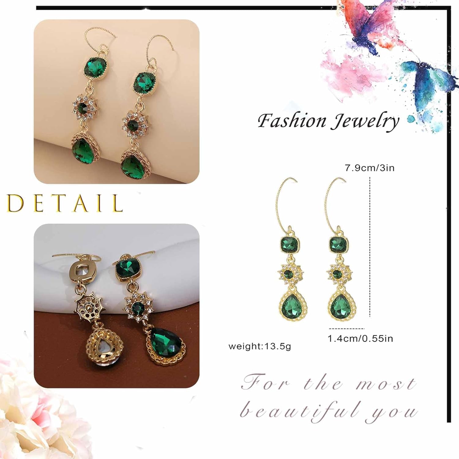 Emerald Tear Drop Earrings Simulated Emerald Green Crystal Dangle Earrings CZ Diamond Flower Dangling Earrings Long Tassel Emerald Hook Earrings Jewelry for Women - Image 4