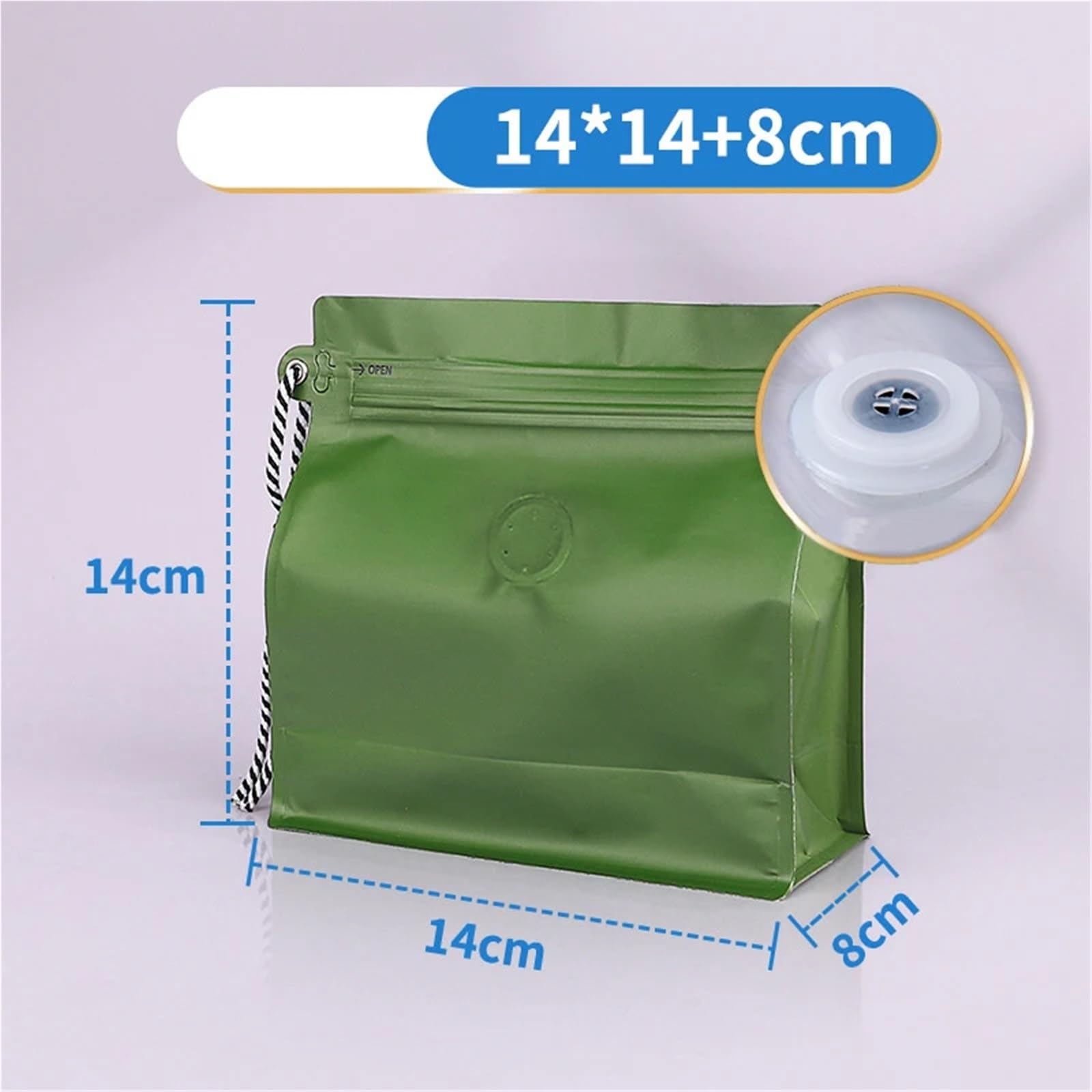 Bolsas de café con válvula, 50 Uds., bolsa almacenamiento granos papel aluminio, embalaje sellado reutilizable for alimentos, frutos secos, té(Green 14x14 Valve)