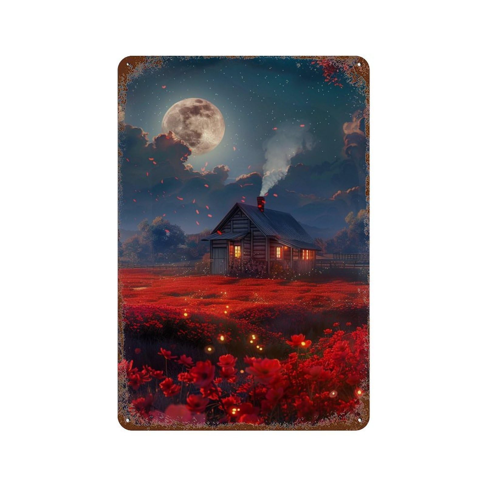 Moonlit Cabin in Red Fields Aged Metal Wall Plaque 11.8"x7.9", Classic Wall Plaque for Garage, Pub Or Kitchen