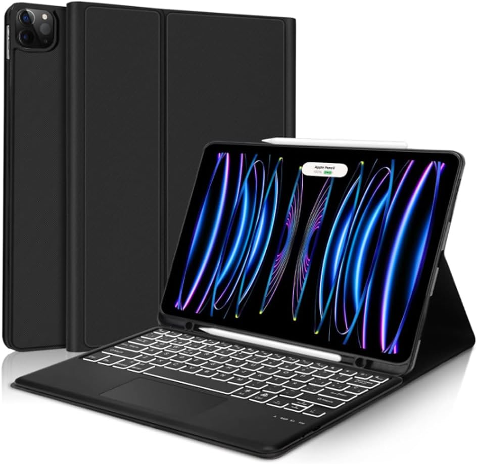 Touchpad Keyboard Case for iPad 10th Generation 2022 & 11th (A16, 2025), 7 Colors Backlit Slim Folio Cover Detachable Bluetooth Keyboard with Pencil Holder (Black)
