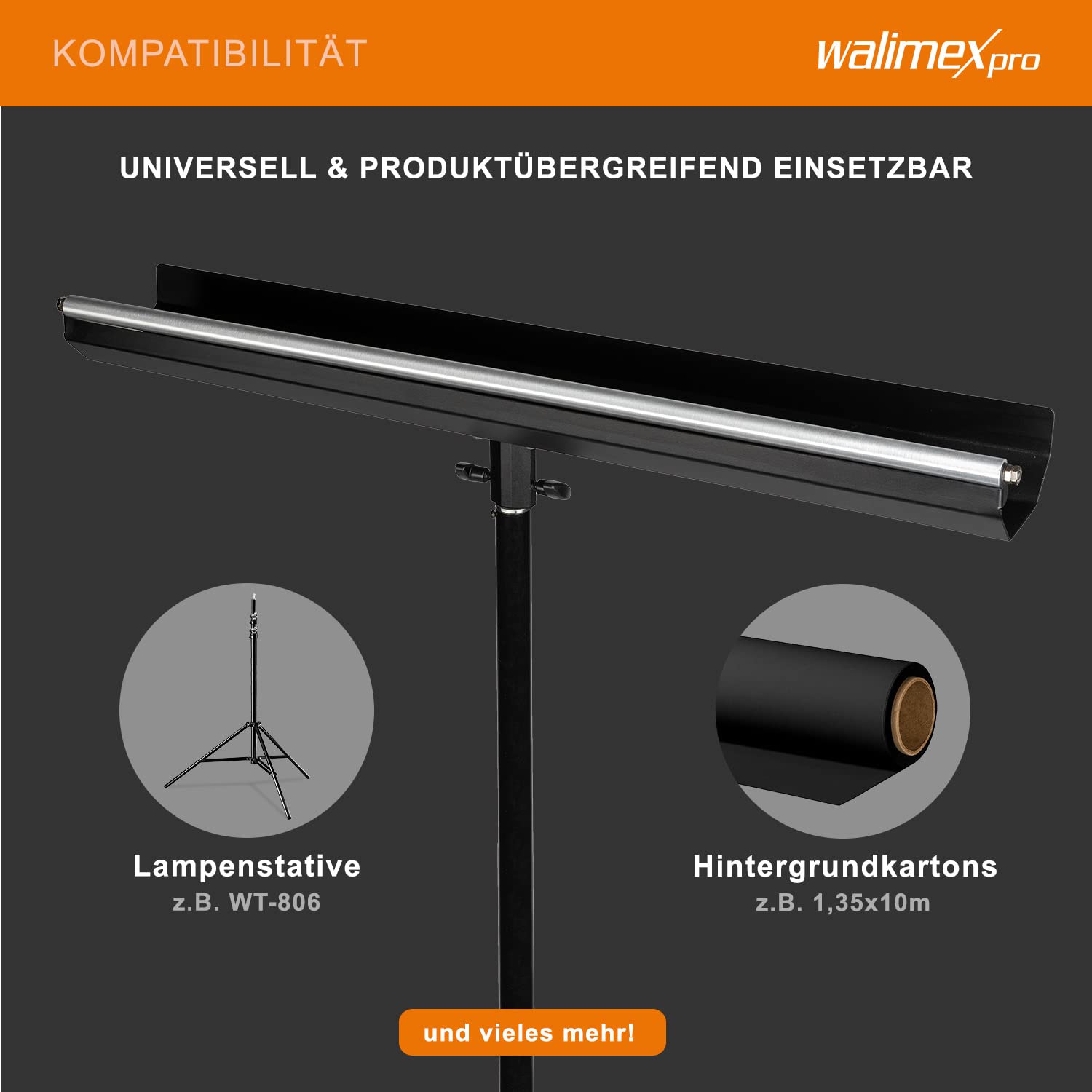 Walimex pro mocowanie tła do statywów lampowych - elastyczne zastosowanie z tłami kartonowymi do 1,35 m, udźwig do 5 kg, aluminiowa konstrukcja, mechanizm zwijania