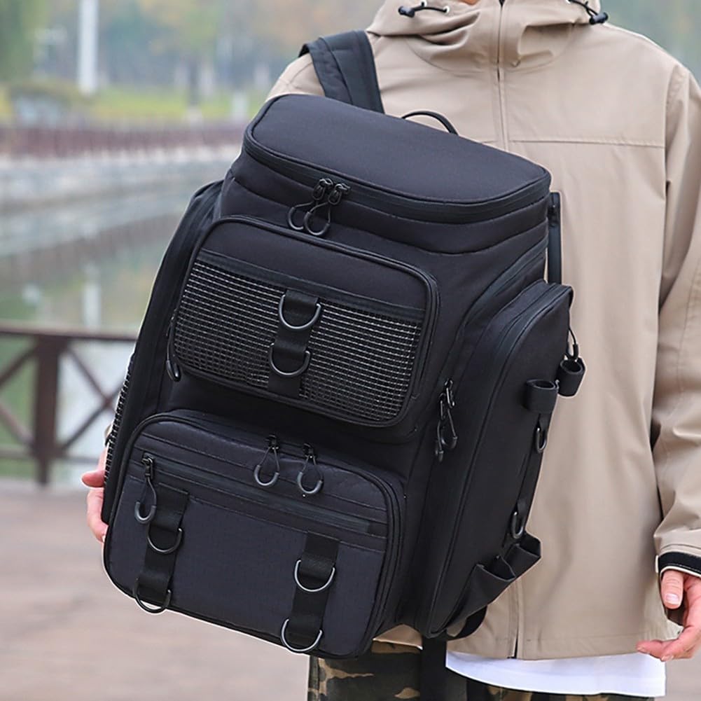 Mochila de pesca impermeable con almacenamiento robusto y soporte de caña para exploración al aire libre (negro)