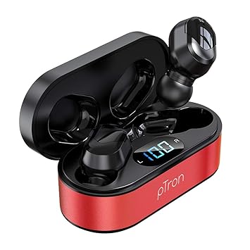 pTron Bassbuds Plus in Ear True Wireless Stereo Headphones with Mic, Deep bass, Made in India Bluetooth Earphones with Voice Assistance, IPX4 Sweat & Water Resistant Earbuds - (Red & Black)