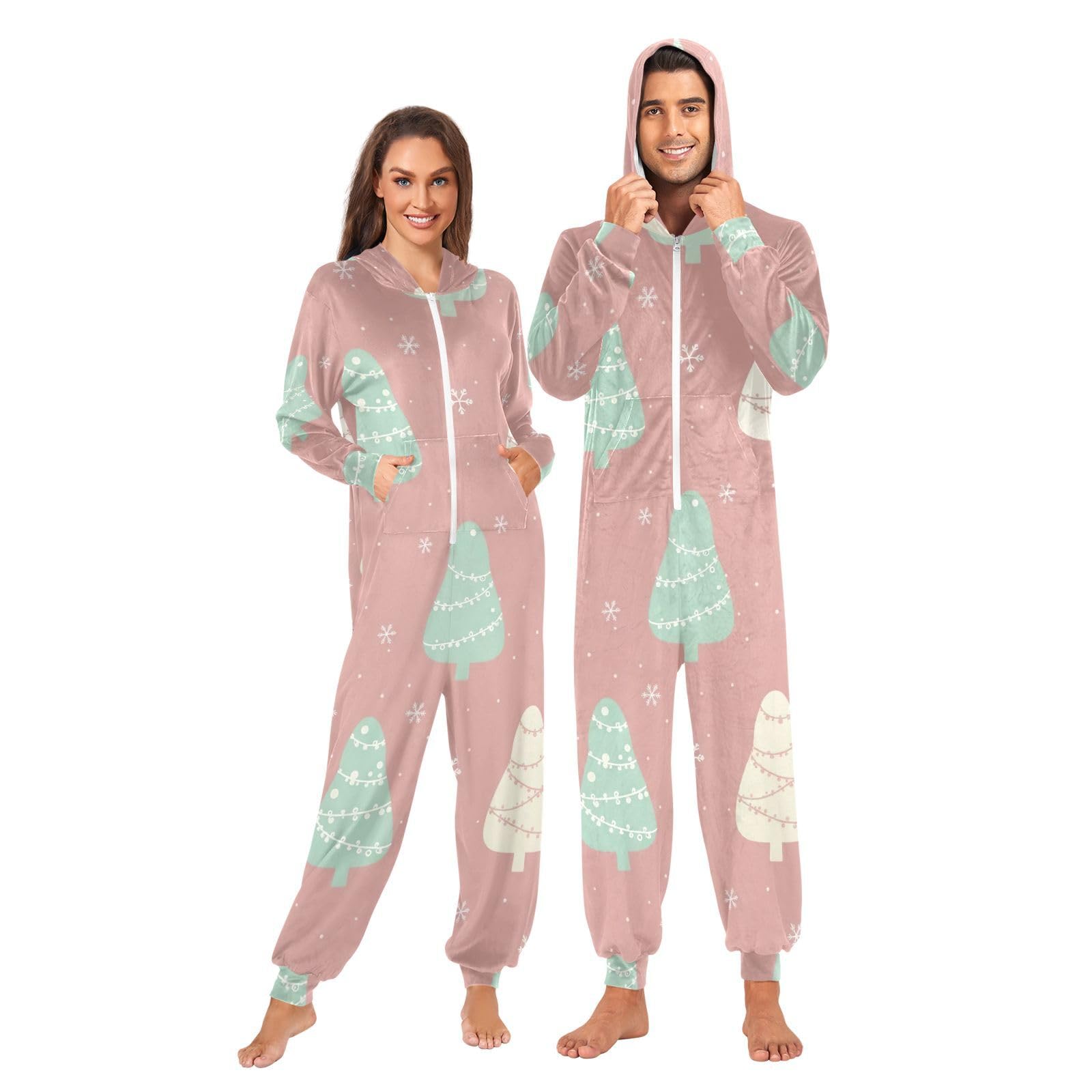 Carino alberi di Natale crema costume tuta intera donna adulto pigiama con cappuccio in peluche