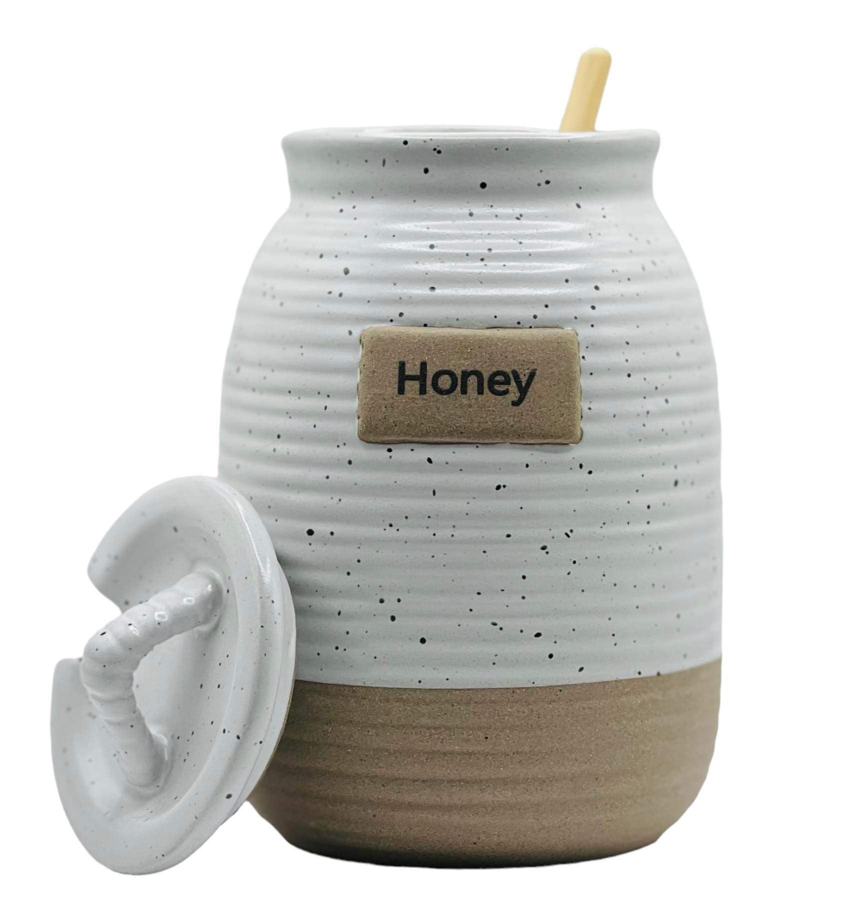 Ceramic Honey Pot with dipper - Durable Honey Pot Jar for Farmhouse, Modern Decor - Spacious & Compact Honey Dipper Jar (20 Oz) - Mess-Free & Dishwasher Safe Honey Pot Dispenser