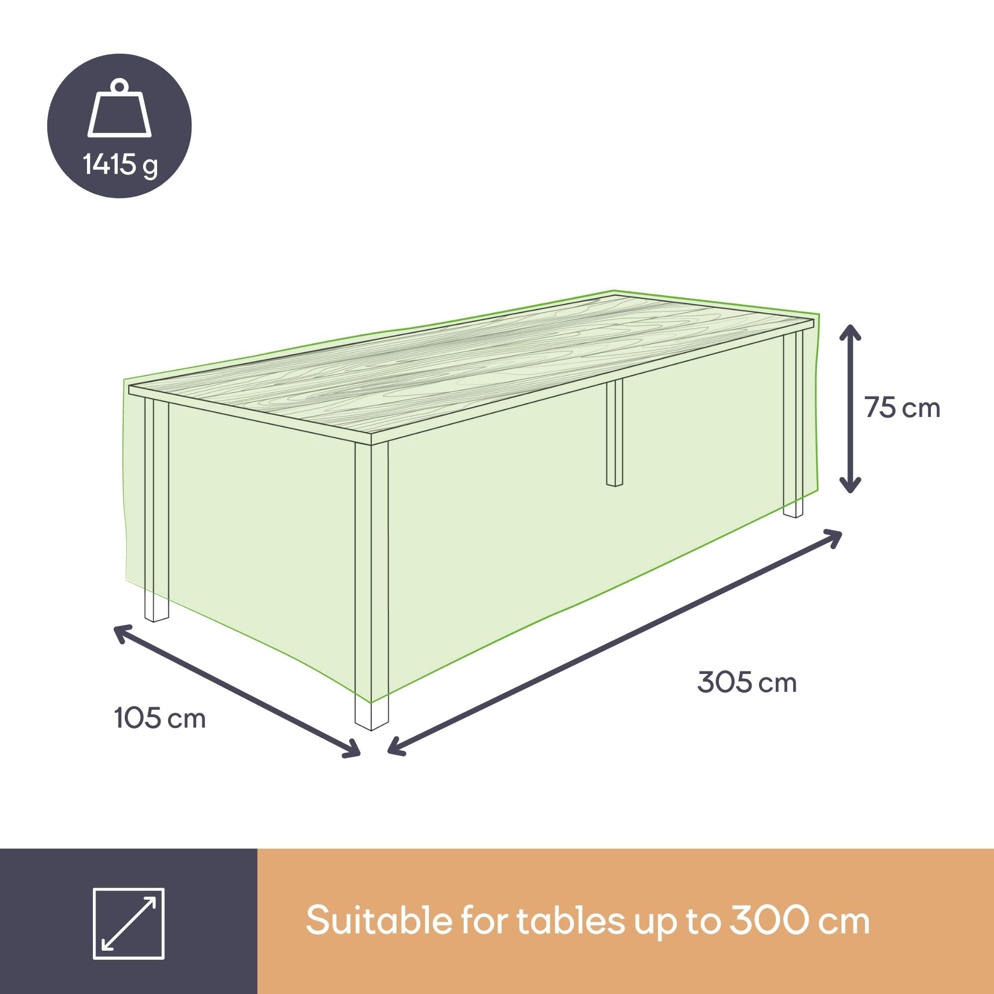 Perel Copertura da esterno per tavolo 305 x 110 x 75 cm, impermeabile e resistente ai raggi UV, protezione robusta per tavoli da giardino fino a 300 cm, materiale durevole contro pioggia, sporco e