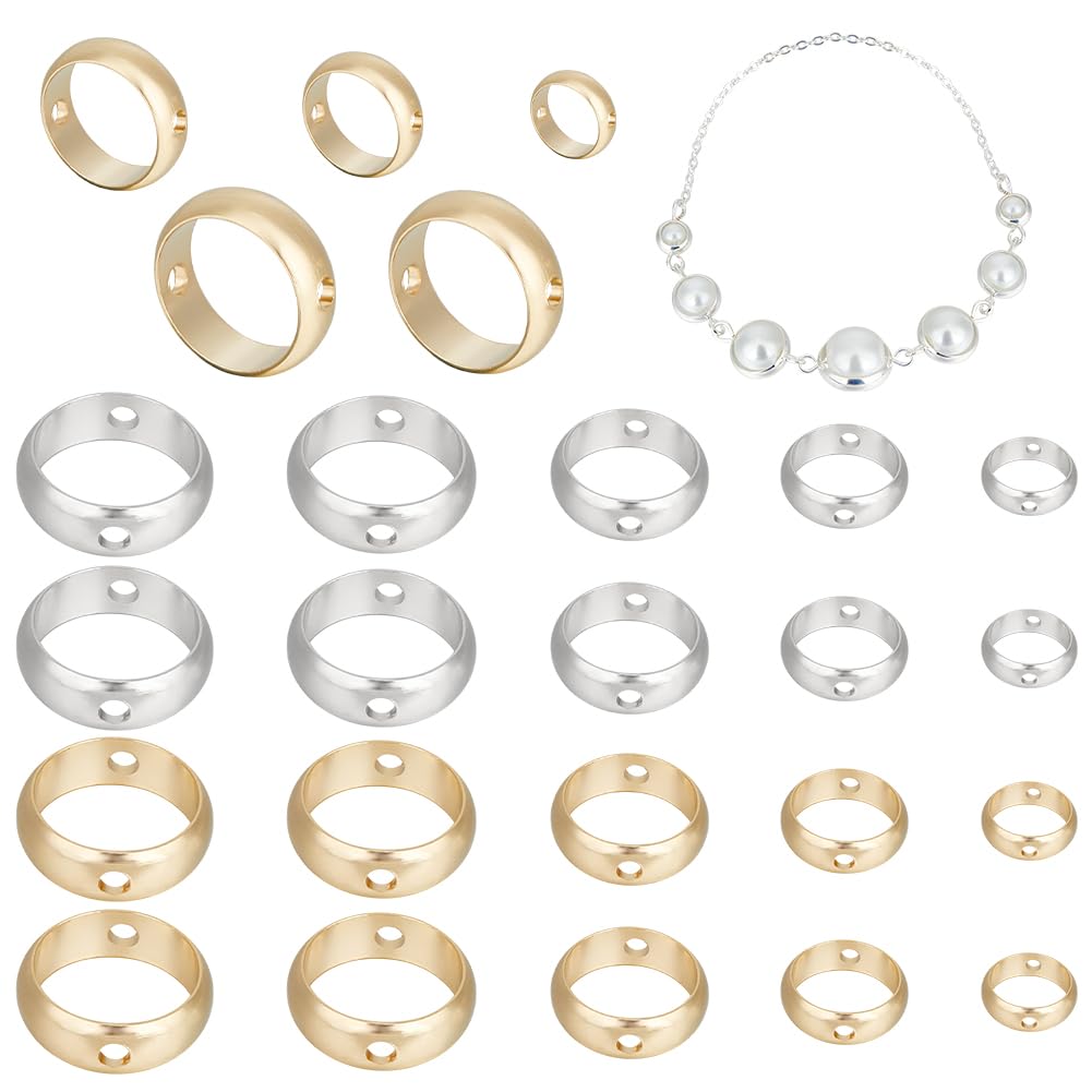 CREATCABIN 50Pcs/Box 24K Gold Plated Circle Round Bead Frame 2 Colors 2 Hole Spacer Brass Connector Ring 925 Sterling Silver Plated for Beading Earring Bracelet Necklace Jewelry Making 6/8/9/10/12mm
