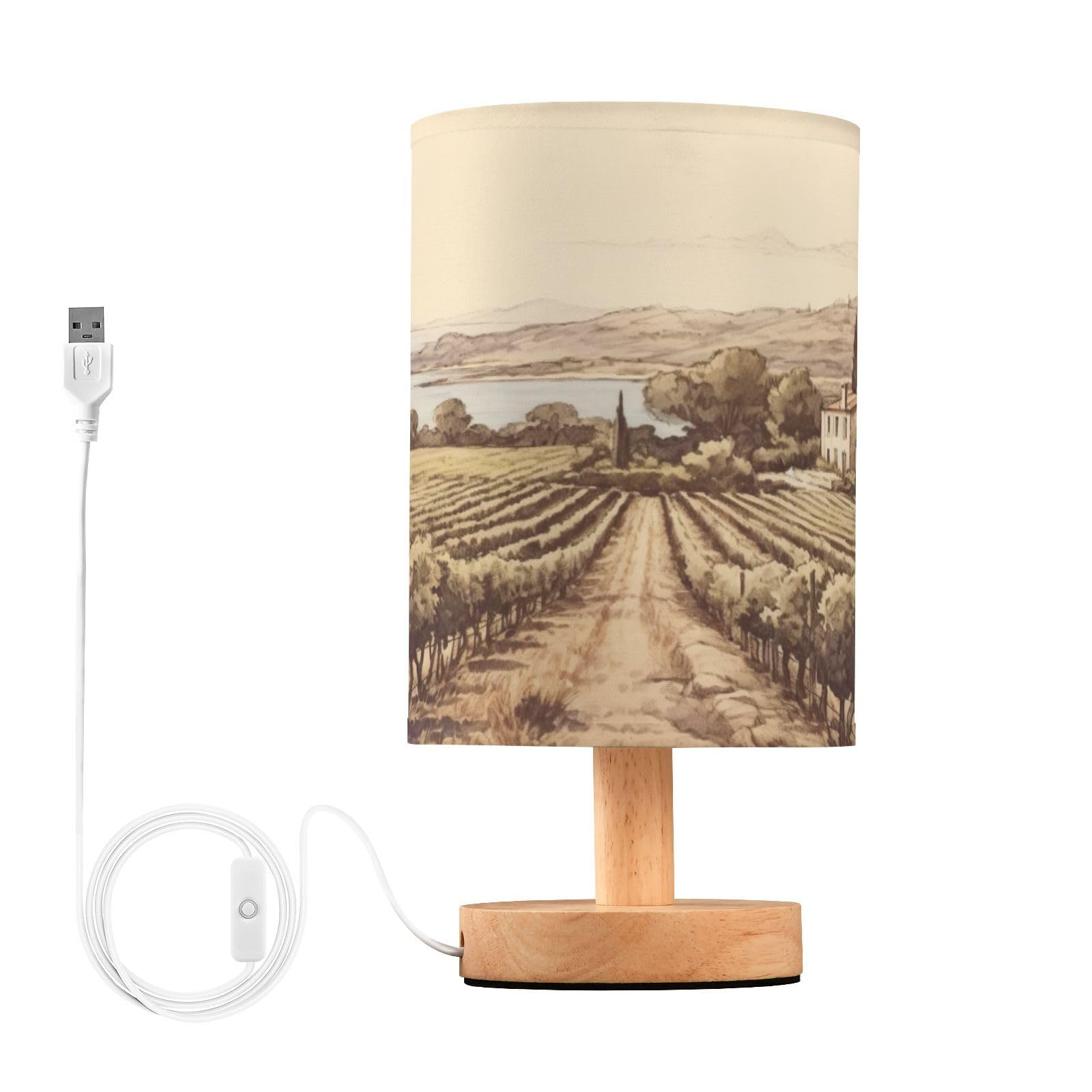 SDMKA Vintage Vineyard Painting Bedside Table Lamp for Bedroom, Minimalist Nightstand Lamp with Round Fabric Shade for Living Room, Office, No Bulb Required