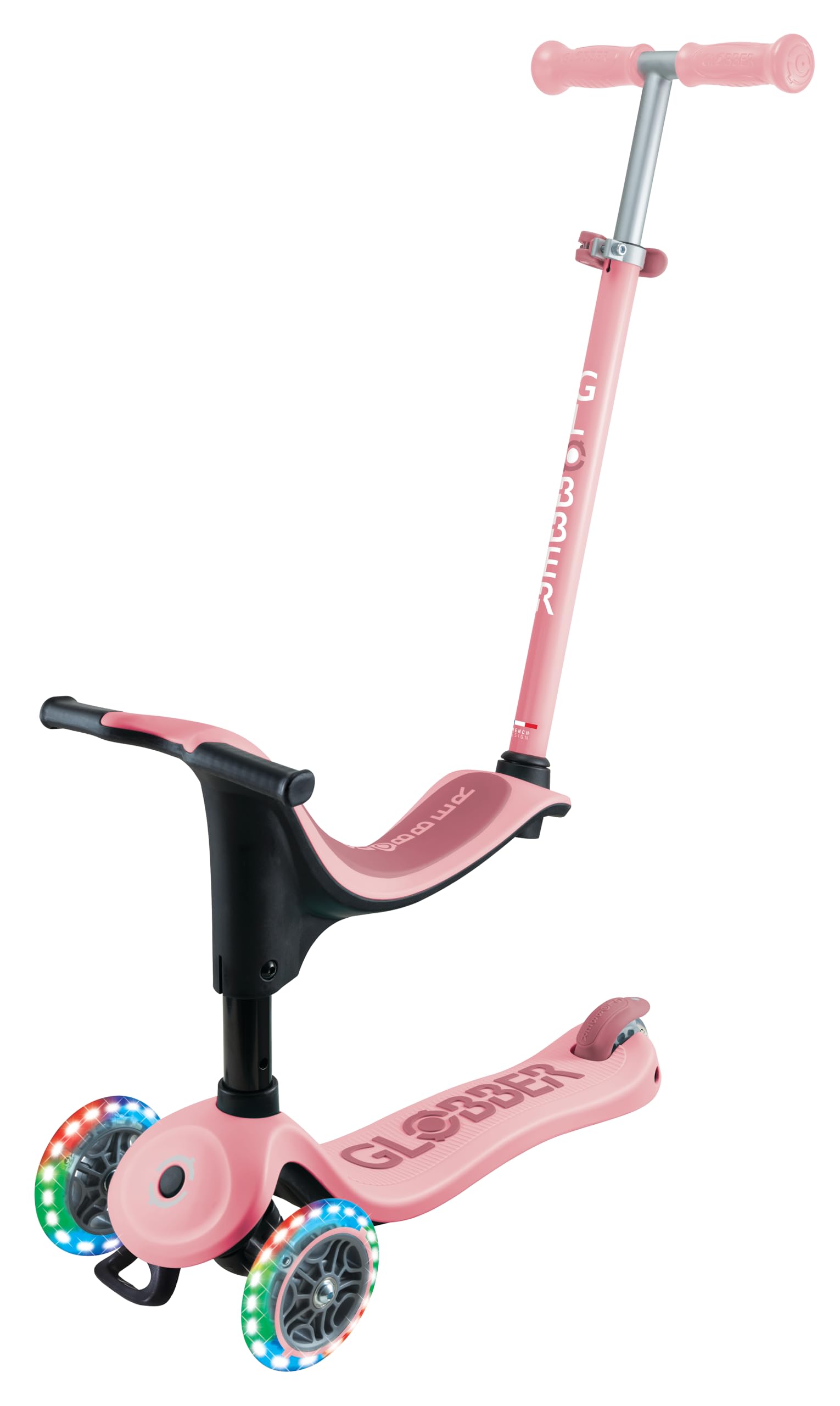 Globber - GO•UP Sporty Lights - 3-Wheel Evolving Scooter with Detachable Seat, Footrest and LED Lights, for Children 15 Months to 6 Years Old - Pastel Pink