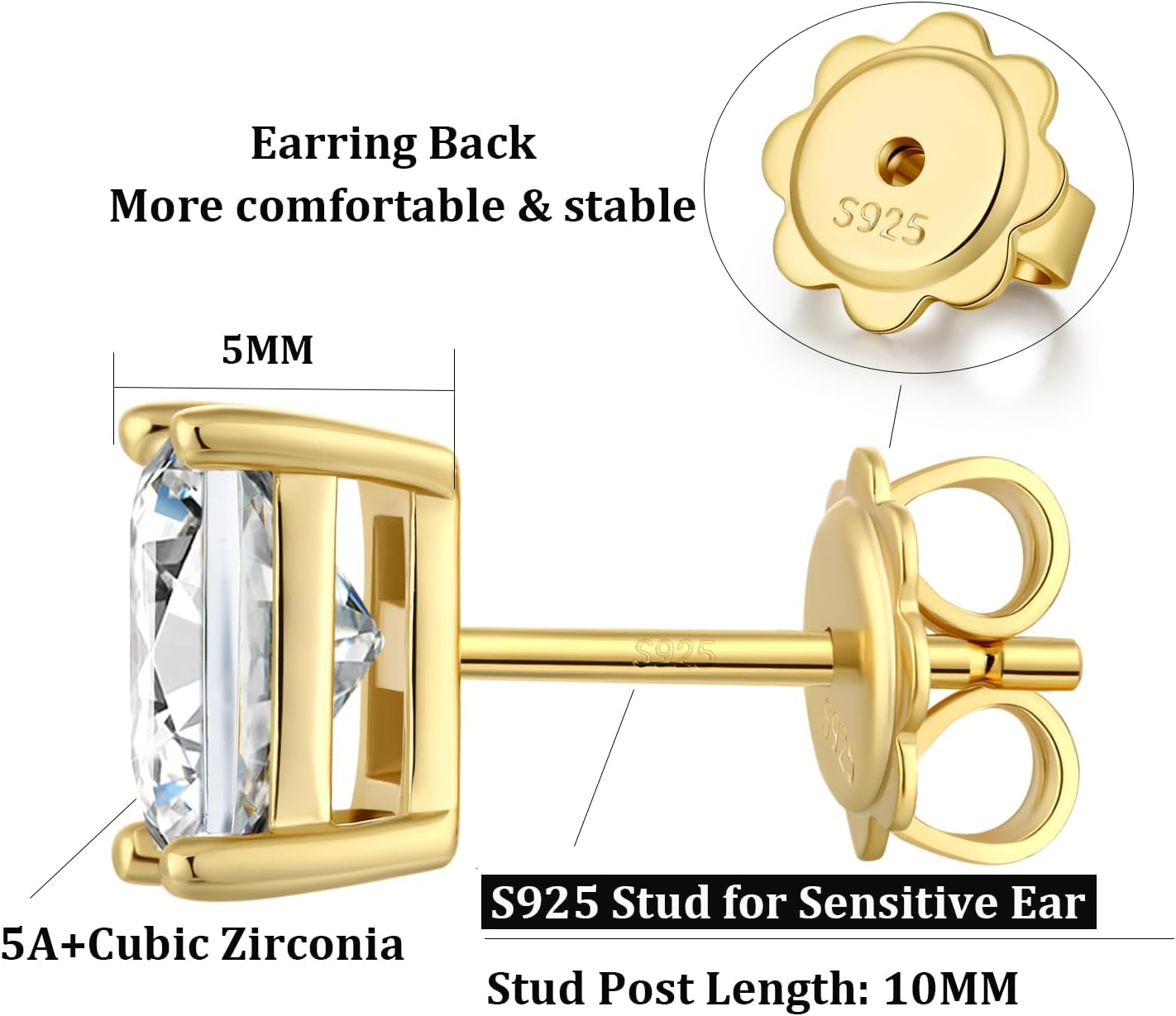 925 Sterling Silver Cubic Zirconia Stud Earrings for Women/Men Hypoallergenic Stud Earrings 4MM-8MM