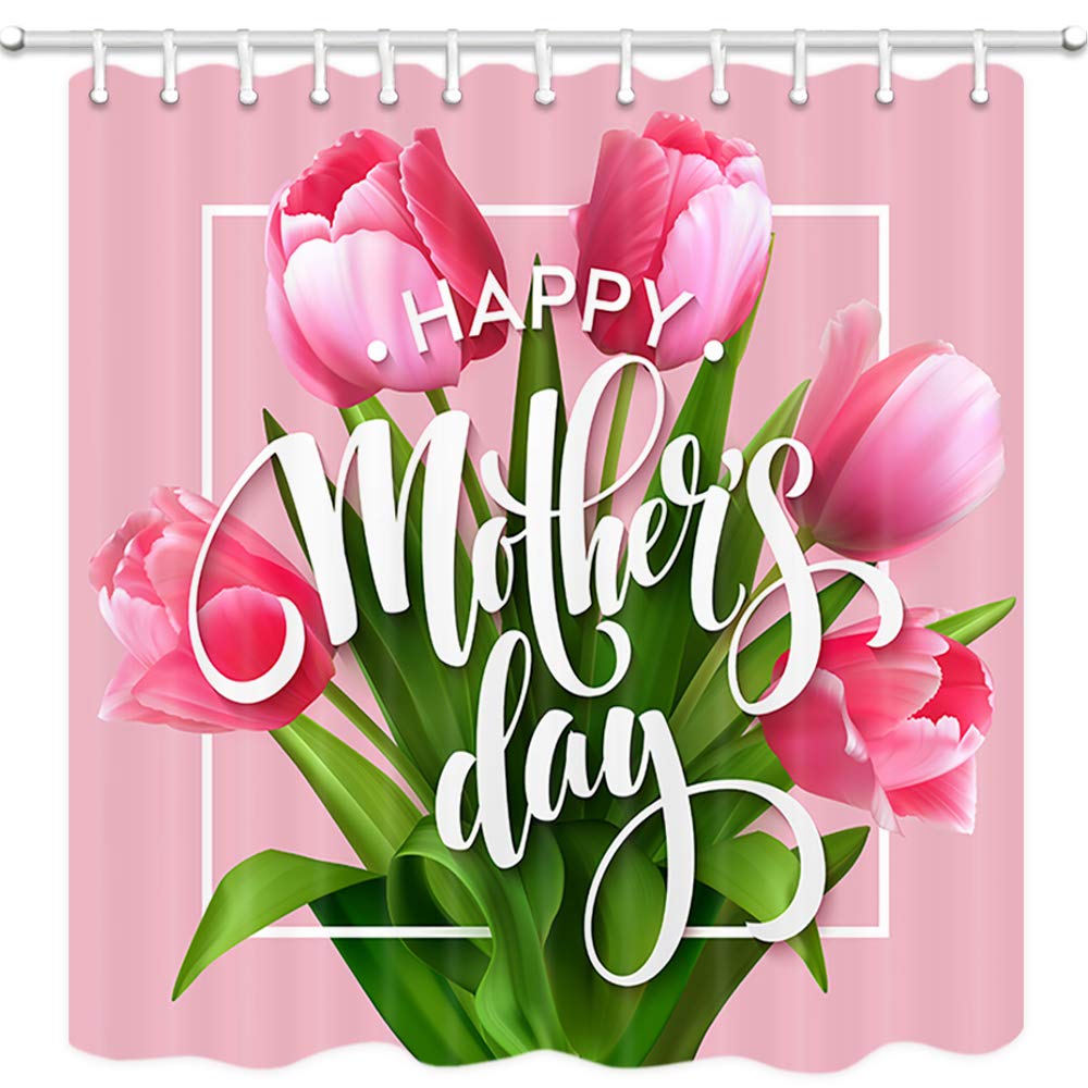 JAWO Mother's Day Shower Curtains for Bathroom, Bunch of Tulip Love Flowers Post Card Poster Design Festival Celebration Bathroom Accessories, Non Fabric No Shower Curtain Liner Needed, 69X70 Inches