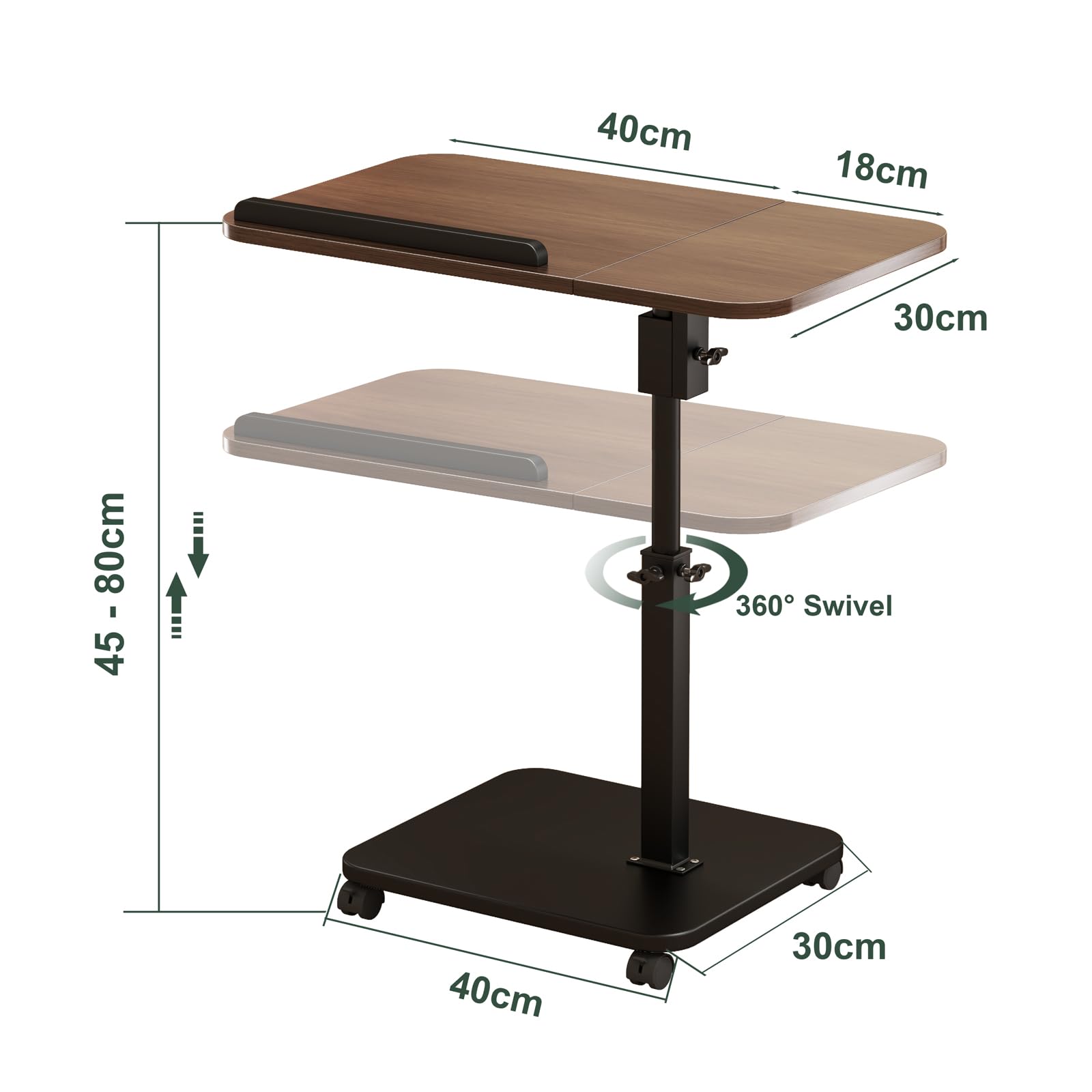 Mesa auxiliar con ruedas regulable en altura, mesa auxiliar de madera en forma de C, rotación de 360°, soporte superior inclinable para ordenador portátil, mesa de TV para sofá, cama, pequeña