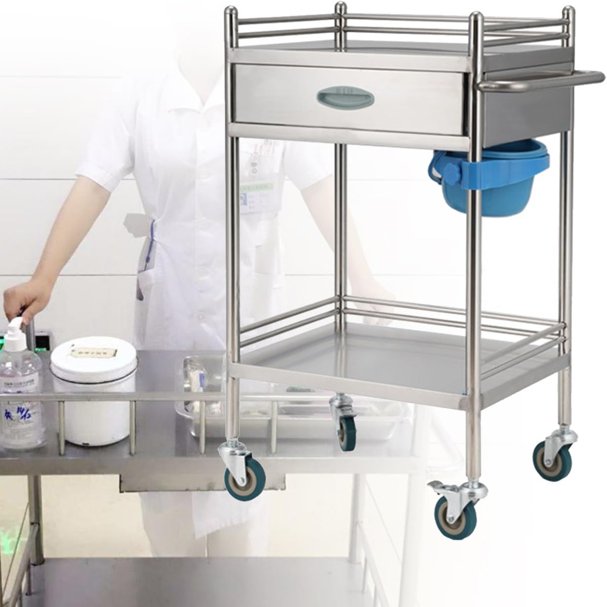 Carrito rodante de acero inoxidable – Carrito médico y dental de 2 capas con cajones, ruedas bloqueables y cubo para uso en laboratorio