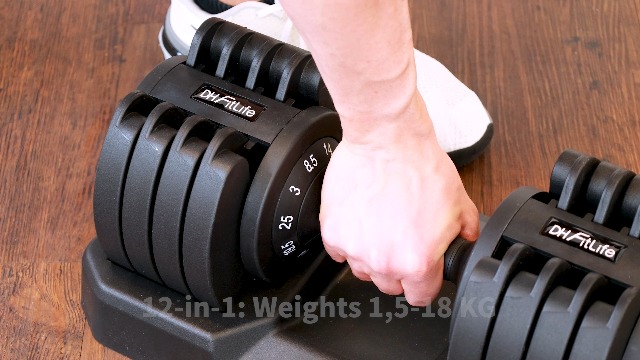 DH FitLife Adjustable Dumbbell 1.5 to 18 kg with Storage Base for Strength Training Women and Men, Dumbbell Set with Weight Plates, Space Saving for Training, Variable Weight 12-in-1 (18 kg X