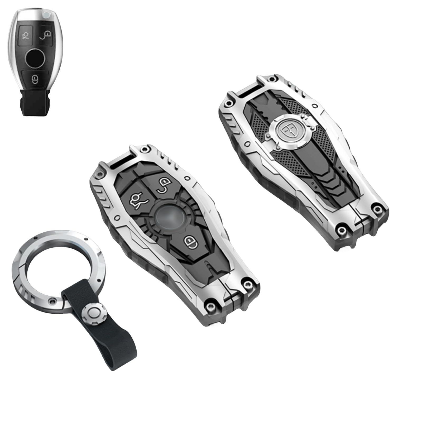Heavy Metal Key Fob Cover Case Protector for Mercedes Benz, Keychain, Accessories for Mercedes Benz C E S M CLS CLK G Class(TypeC-Silver)