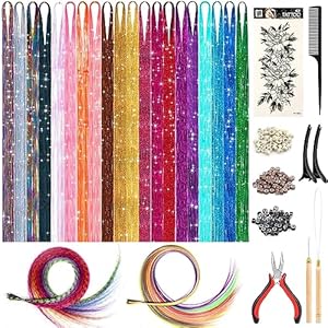 Hair Tinsel with Feather and Colored Hair Extensions, 48 Inch 20 Colors Sparkle Hair Glitter Strands with Hair Feathers, Rainbow Hair Extensions, Fairy Hair Tinsel Kit for Women Girls Party Festival