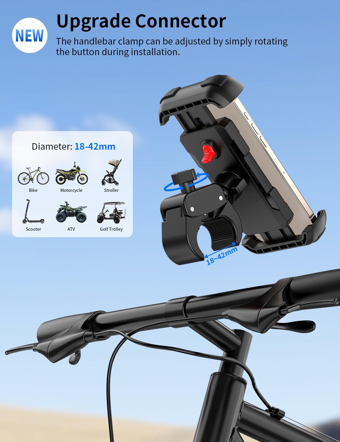 Bike Phone Holder, Motorcycle Phone Mount, [Camera Friendly] [Quick Install] [Double Locked]Clip for Scooter, 360° Rotate Cell Phone Clamp for iPhone 16 15 Pro Max/14/13, Galaxy and More 4.7-7" Phone