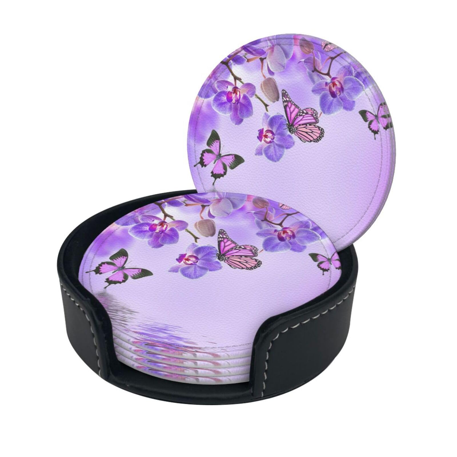 Purple Butterfly Print Round Leather Coasters - Set Of 6, Ultra-Fiber Pu Leather