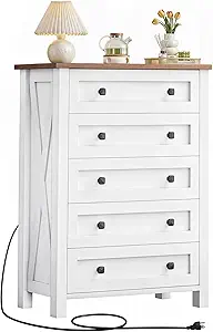 DWVO White Dresser, 5 Chest of Drawer Dresser for Room, Modern Tall Nightstand with Deep Drawers, Organizer Drawers for Living, Hallway