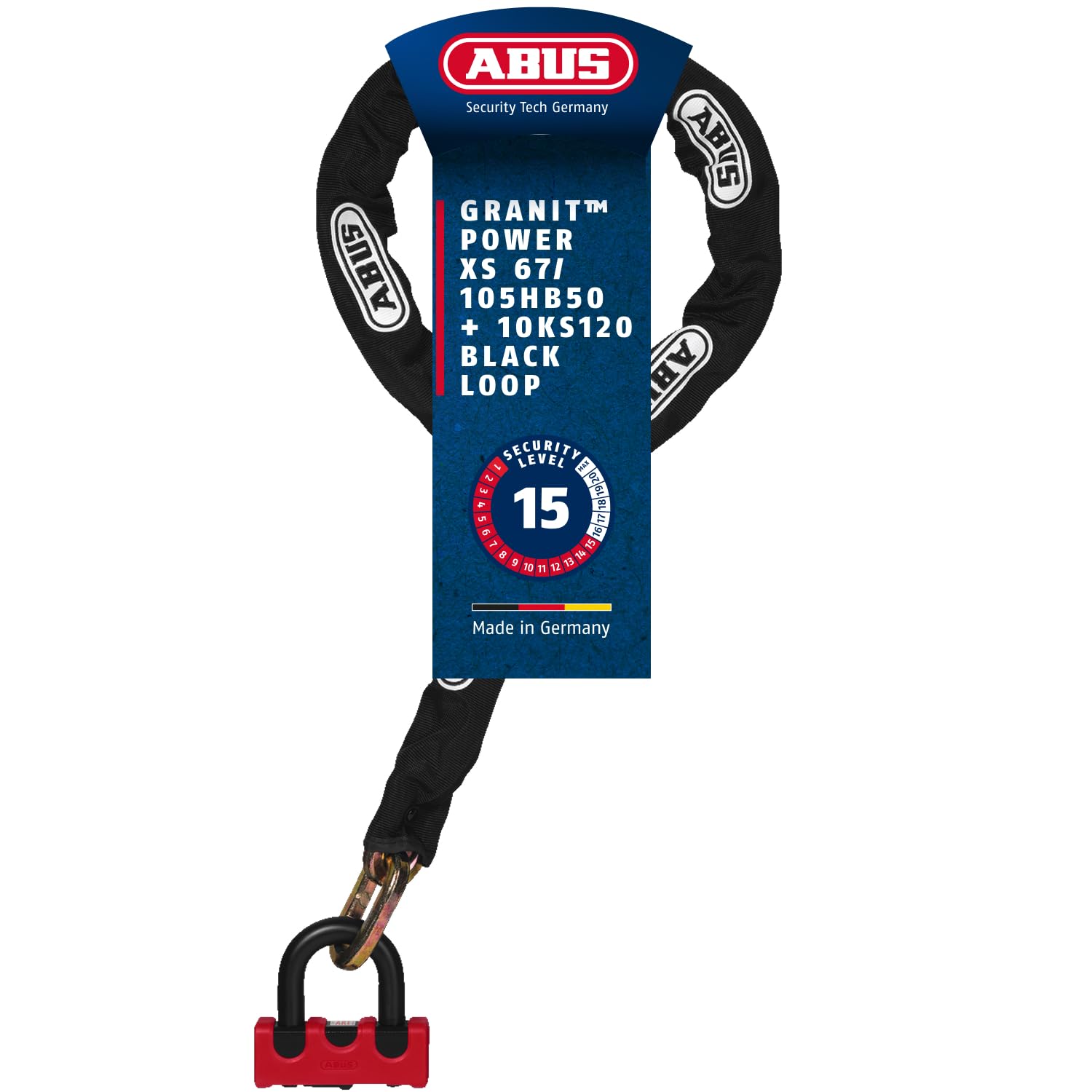 ABUS Combinaison cadenas-chaîne - Granit Power XS 67/105HB50 + 10KS120 black loop - Antivol pour moto avec niveau de sécurité 16 - Rouge