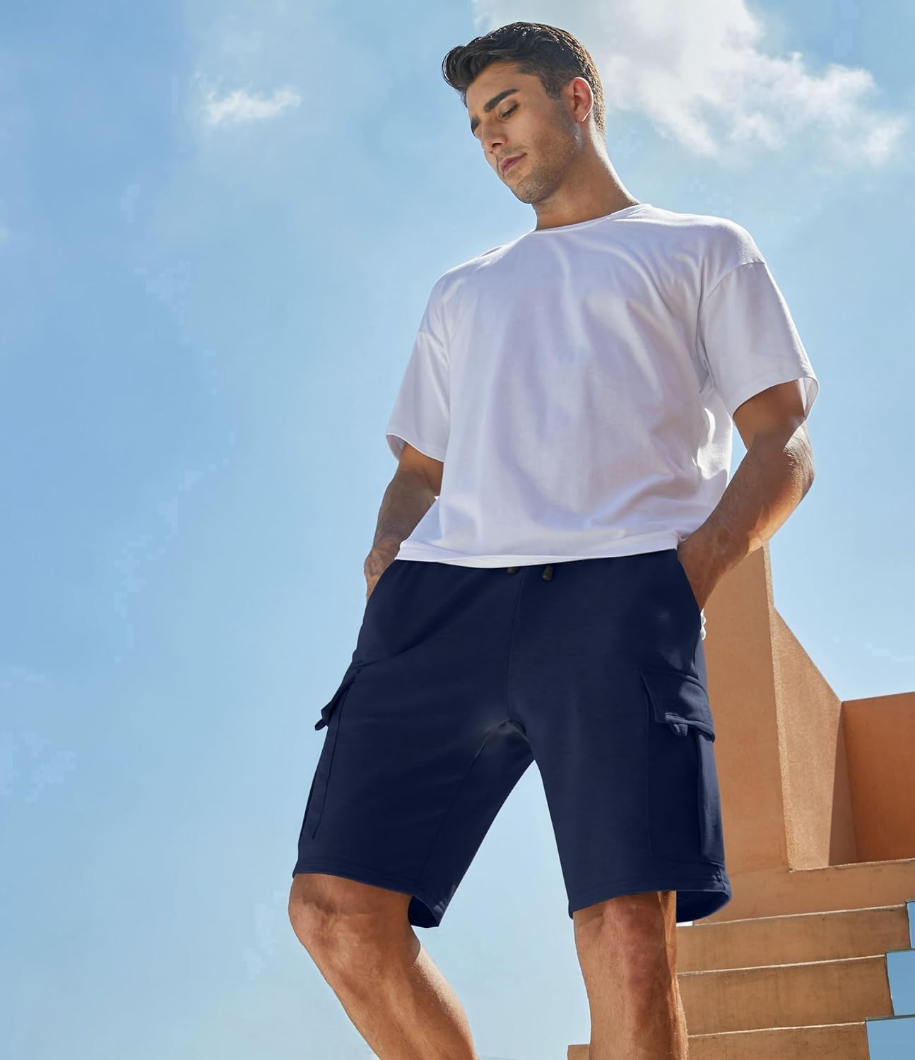 Q - RIOUS Pantaloncini cargo da uomo casual in cotone con coulisse elastica in vita atletica allenamento palestra jogger pantaloncini con 5 tasche