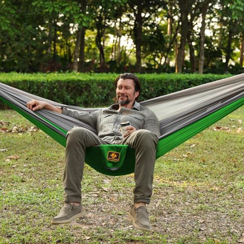 Image of Camping Hammock, Portable Hammocks with Mosquito Net,Lightweight Nylon Parachute Hammock with 10ft Tree Straps,Camping Gear Must Haves for Travel Hiking Backpacking Beach Patio-Red&Grey